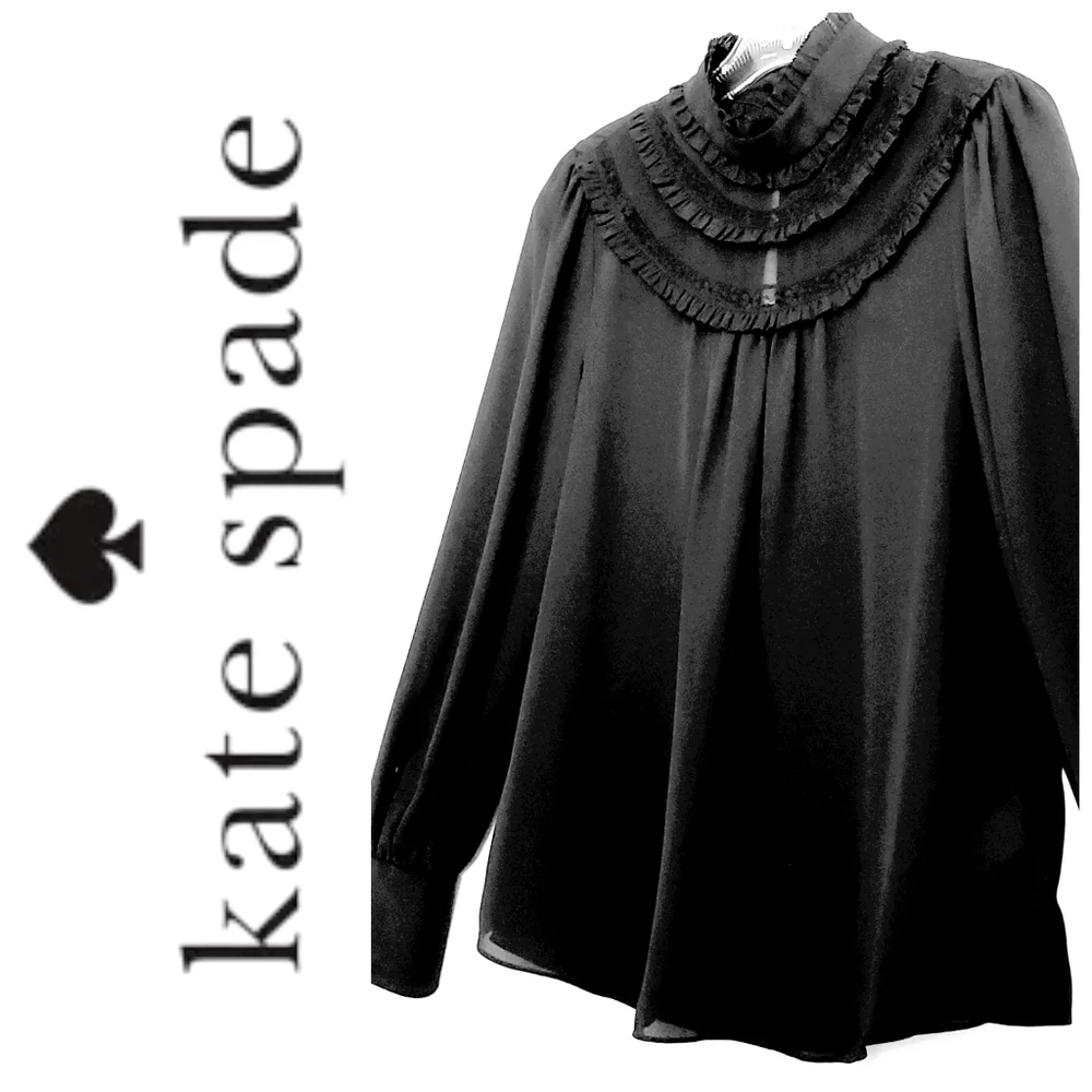 Nwot Kate Spade Black Longsleeve Highneck Ruffled Blouse